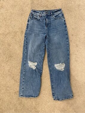 Express Boyfriend Jeans in Medium Blue with Knee Distress